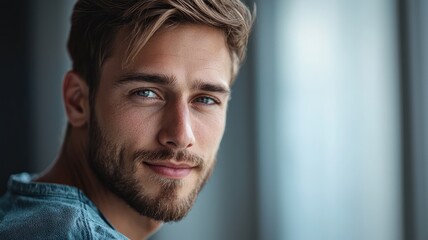 Obraz premium A young man with a charming smile and captivating eyes, looking thoughtfully at the camera in a modern space.