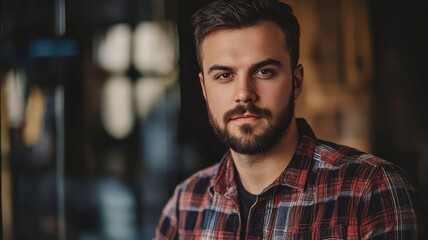 Fototapeta premium A young man with a beard and plaid shirt poses confidently in a cozy setting, showcasing style and charisma.