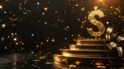 Golden Dollar Podium with Ladder and Ribbon Decoration on Black Background, Featuring Abstract Golden Letters and Floating Stars in a Hyper-Realistic, High-Detail Illustration. Luxurious and Elegant C