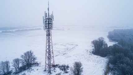 Aerial view of a cell tower surrounded by a snow-covered landscape, highlighting technology and nature in winter.