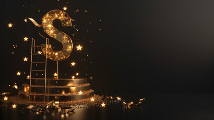 Golden Dollar Podium with Ladder and Ribbon Decoration on Black Background, Featuring Abstract Golden Letters and Floating Stars in a Hyper-Realistic, High-Detail Illustration. Luxurious and Elegant C
