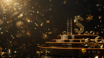 Golden Dollar Podium with Ladder and Ribbon Decoration on Black Background, Featuring Abstract Golden Letters and Floating Stars in a Hyper-Realistic, High-Detail Illustration. Luxurious and Elegant C
