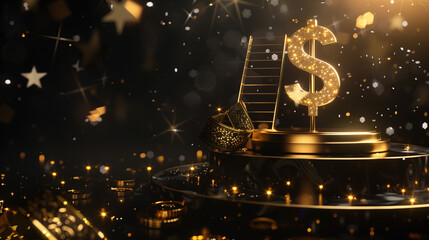 Golden Dollar Podium with Ladder and Ribbon Decoration on Black Background, Featuring Abstract Golden Letters and Floating Stars in a Hyper-Realistic, High-Detail Illustration. Luxurious and Elegant C