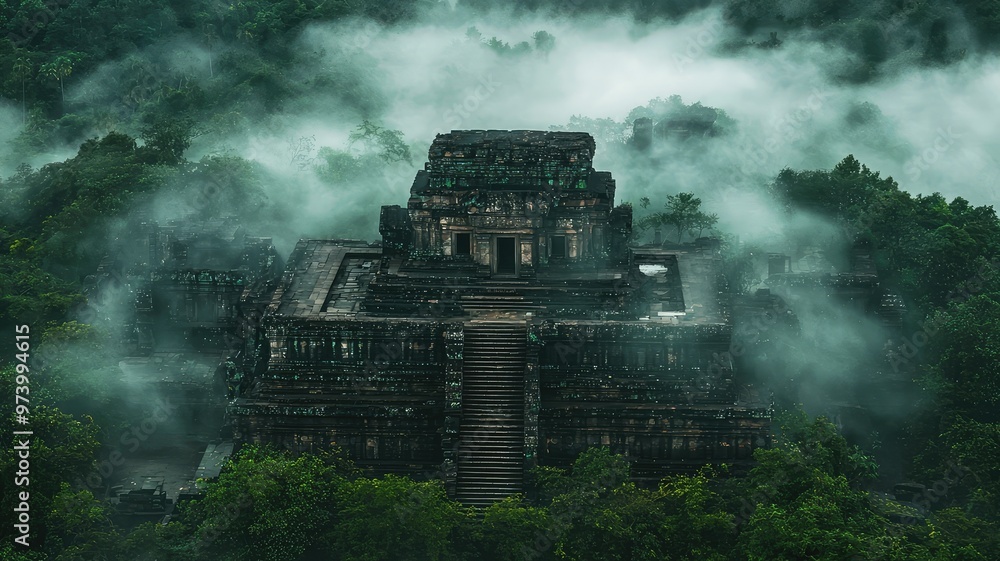 Poster an ancient temple emerges from the mist, surrounded by lush greenery, creating a mysterious and ench