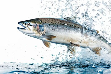 Fototapeta premium Salmon Jumping Out of Water with Blue Splash, High Resolution Photograph on White Background