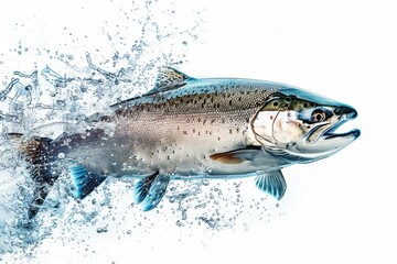 Fototapeta premium Salmon Jumping Out of Water with Blue Splash, High Resolution Photograph on White Background