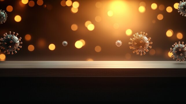 Wooden Table with Virus Models and Bokeh Lights