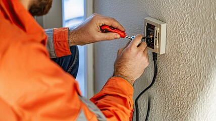 An electrician repairs an electrical socket, showcasing skill and safety in residential electrical work.