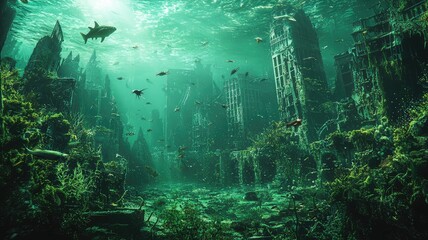 An underwater scene of a sunken city, lush with marine life and overgrown vegetation, showcasing the beauty of decay and nature's reclaim.