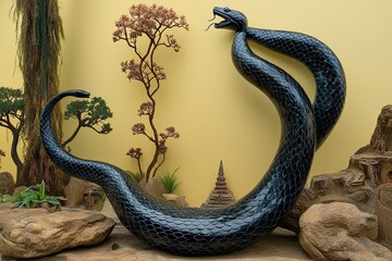 Obraz premium Obsidian Snake Art on Soft Yellow Background Evoking Cultural Enigma