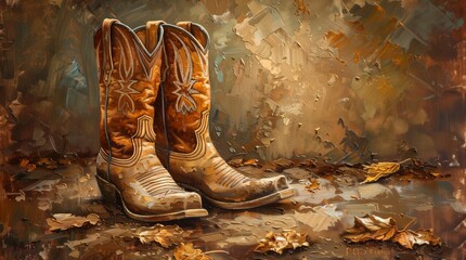 Cowboy Country, Western Oil Painting Illustration, Country Western Landscape, American Lifestyle, Rustic Landscapes, Horse Art, Cowboy Boots- 300DPI