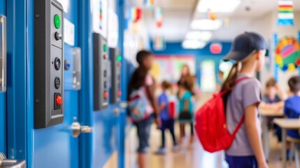 A classroom equipped with state-of-the-art security features, including electronic door locks and emergency buttons. Students in the background, creating a scene of enhanced school safety, copy space