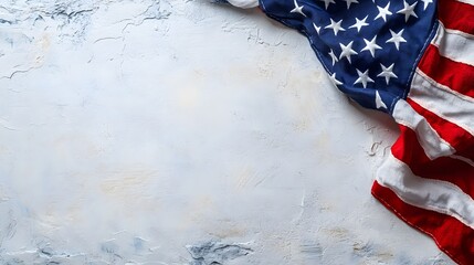 American flag corner is partially draped across a textured, light-colored concrete surface, leaving ample negative space on the left. The scene evokes patriotism and pride with a minimalistic design.