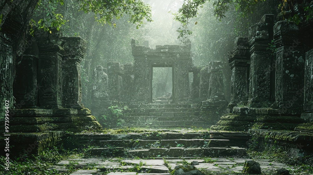 Poster ancient ruins enveloped in mist and lush greenery, creating a serene and mystical atmosphere. perfec