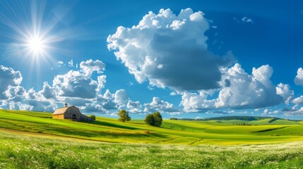 Obraz premium picturesque countryside with a barn and rolling fields under a vibrant summer sky, with fluffy clouds and bright sunlight illuminating the landscape, with copy space for text