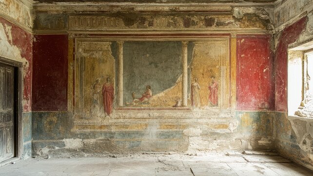 Ancient wall with vibrant frescoes showcasing historical artistry and design, found in a historic archaeological site.