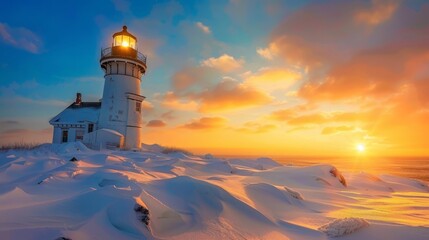 snow-covered lighthouse at sunset, with the golden hour light reflecting off the snow and ice, creating a serene and peaceful winter scene, with plenty of copy space for text