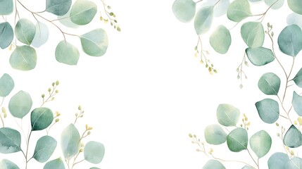 A delicate watercolor illustration of green eucalyptus leaves and yellow buds framing the top left and bottom right corners of a white background. The design offers ample negative space.