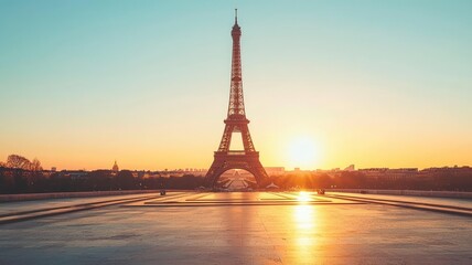 Naklejka premium Breathtaking view of the Eiffel Tower at sunrise, illuminating the Paris skyline with warm golden hues and a tranquil atmosphere.