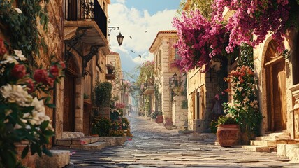 Fototapeta premium Charming street with colorful buildings and blooming flowers, evoking a serene and picturesque ambiance for relaxation.