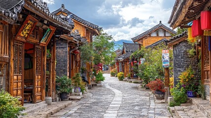 Fototapeta premium Charming narrow street lined with traditional wooden houses, vibrant flowers, and a serene atmosphere under a cloudy sky.