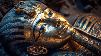 Close-up of an ancient Egyptian golden mask, showcasing intricate details and historical significance of the pharaoh's tomb.