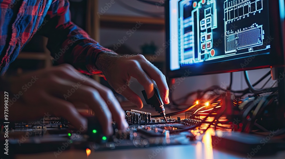 Poster close-up of hands working on a circuit board with a computer screen displaying designs and connectio