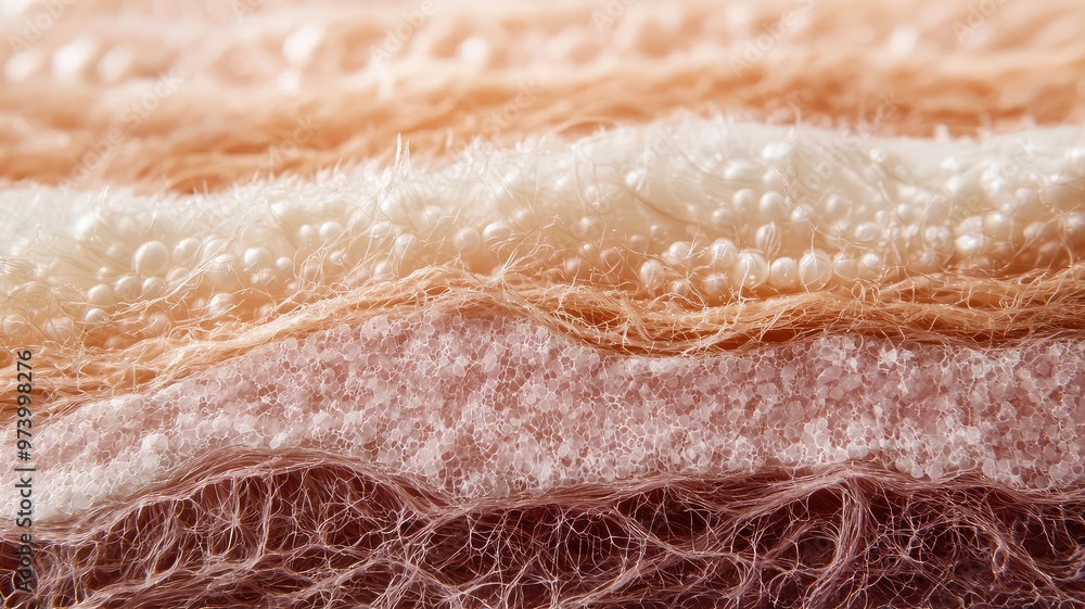 Poster close-up of textured fabric layers featuring soft, natural colors and varying patterns, ideal for de