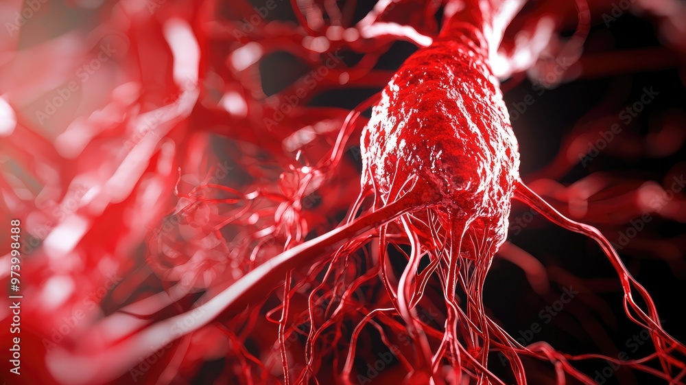 Poster close-up view of a red neuron with intricate dendrites, showcasing the complexity of the nervous sys
