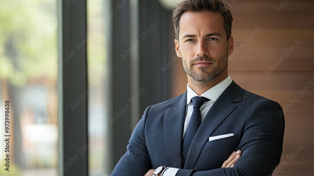 Wall mural confident businessman in a stylish suit poses elegantly by a large window, embodying professionalism