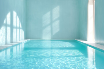 Serene indoor pool with azure waters and sunlight streaming through windows in a tranquil setting