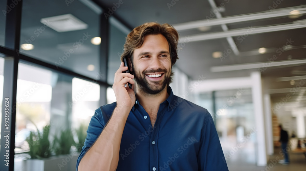 Wall mural a handsome man in his late thirties with medium-length brown hair and blue eyes is smiling while tal