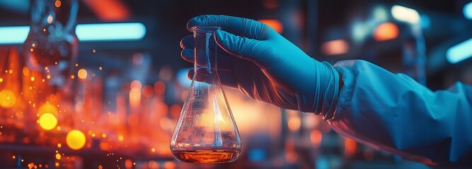 A scientist's hand in a chemical lab holding a flask filled with lab glassware against a backdrop of science lab apparatus