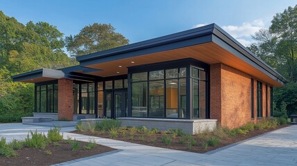 Large windows and a brick facade with wood accents characterize the dental practice.