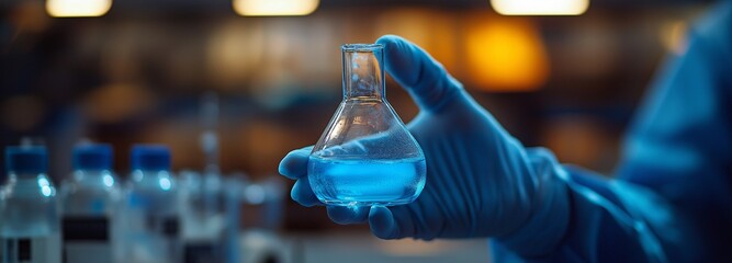 A scientist's hand in a chemical lab holding a flask filled with lab glassware against a backdrop of science lab apparatus