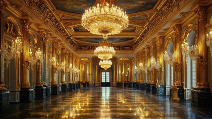 Obraz premium Elegant interior of a grand hall featuring ornate chandeliers, intricate architecture, and a polished marble floor.