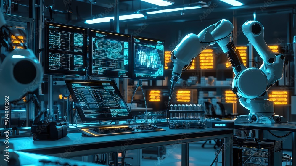 Poster futuristic laboratory showcasing advanced robotics technology with automated arms and high-tech scre