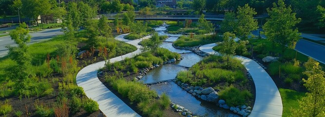 Designed to manage stormwater in an urban setting, this overhead image displays a green infrastructure project featuring permeable pavement and rain gardens.
