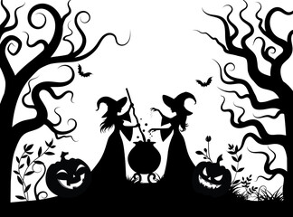 Black magic witches spell the words and cooking poison in magic pot. Silhouette illustration for Halloween.