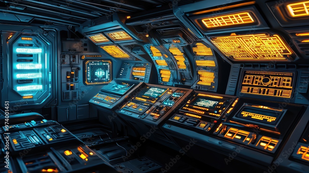 Poster futuristic spaceship control room with glowing panels and advanced technology, creating a sci-fi amb