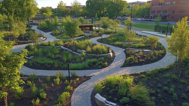 Designed to manage stormwater in an urban setting, this overhead image displays a green infrastructure project featuring permeable pavement and rain gardens.