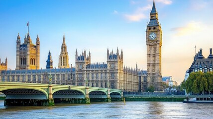 Obraz premium Iconic view of Big Ben and the Houses of Parliament in London at sunset, showcasing the beauty of British architecture.