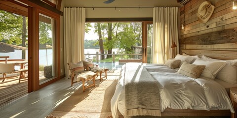 Classic Bedroom Design with Wooden Vintage Furniture, Overlooking a Calm Lakeside