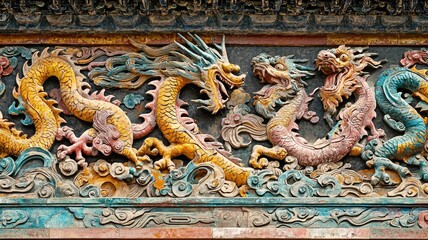 Intricate dragon sculpture in vibrant colors, showcasing detailed craftsmanship and cultural significance in ancient art.