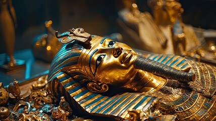 Fototapeta premium Intricate golden mask of an ancient Egyptian pharaoh, showcasing remarkable craftsmanship and historical significance.