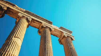 Naklejka premium Majestic ancient columns against a bright blue sky, showcasing architectural beauty and historical significance.