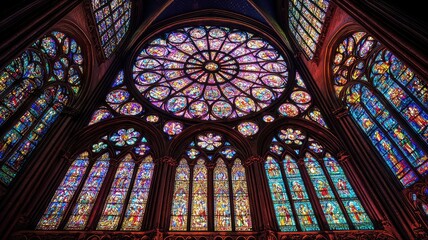 Obraz premium Majestic stained glass windows showcasing vibrant colors and intricate designs, illuminating the historic architecture.