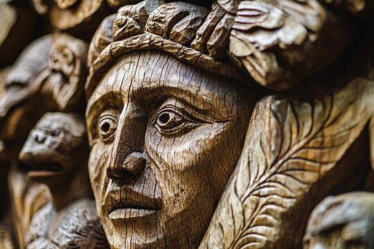 A detailed close-up of ornate woodwork illustrating the bond between humanity and the natural world through animistic motifs.