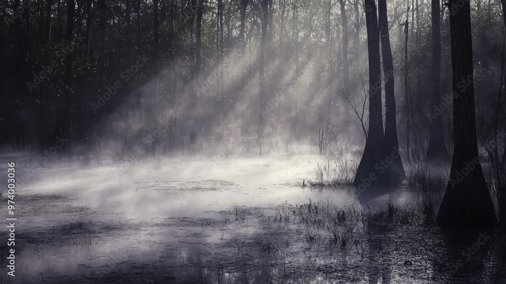 Poster mysterious fog envelops a tranquil wetland, creating an ethereal atmosphere with soft, diffused ligh