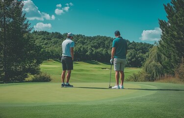 Obraz premium One of the two males who is playing golf has a golf club in his hand.